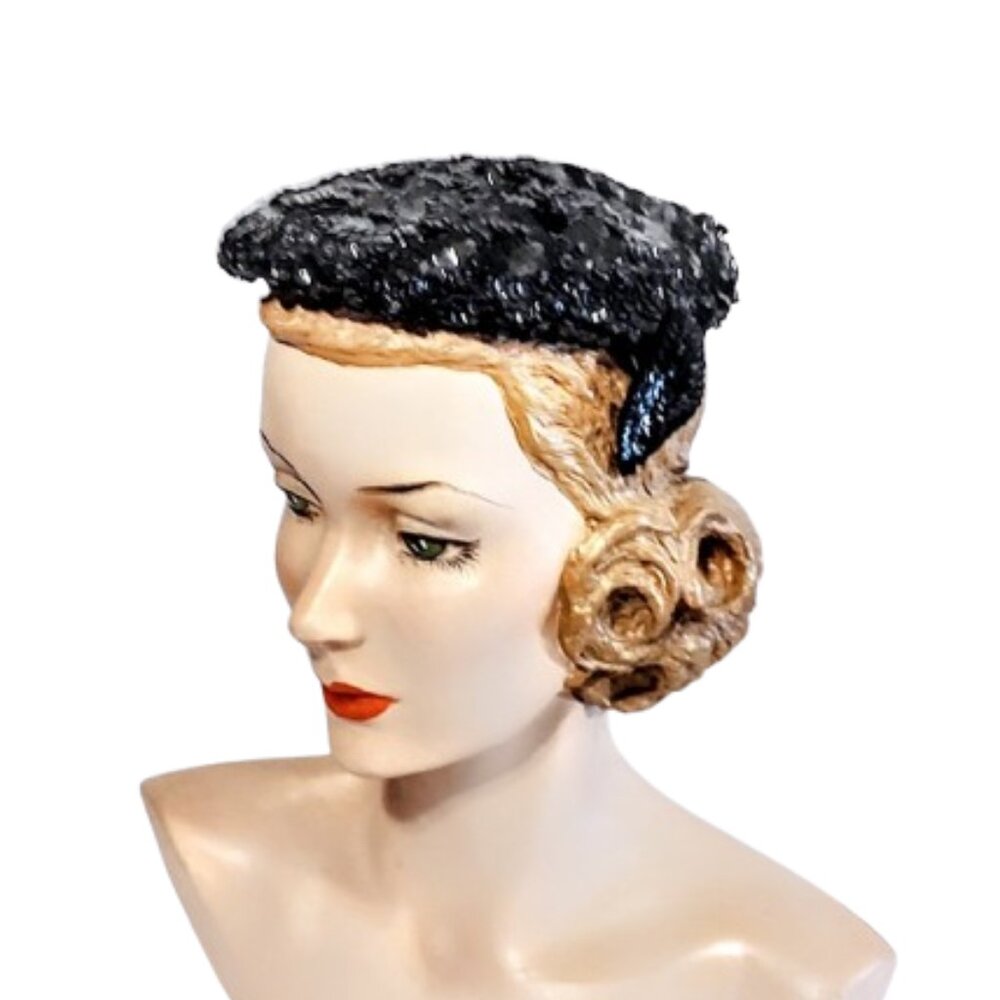 1950s True Vintage Sm Black Cocktail Band Hat Completely Covered With Sequins